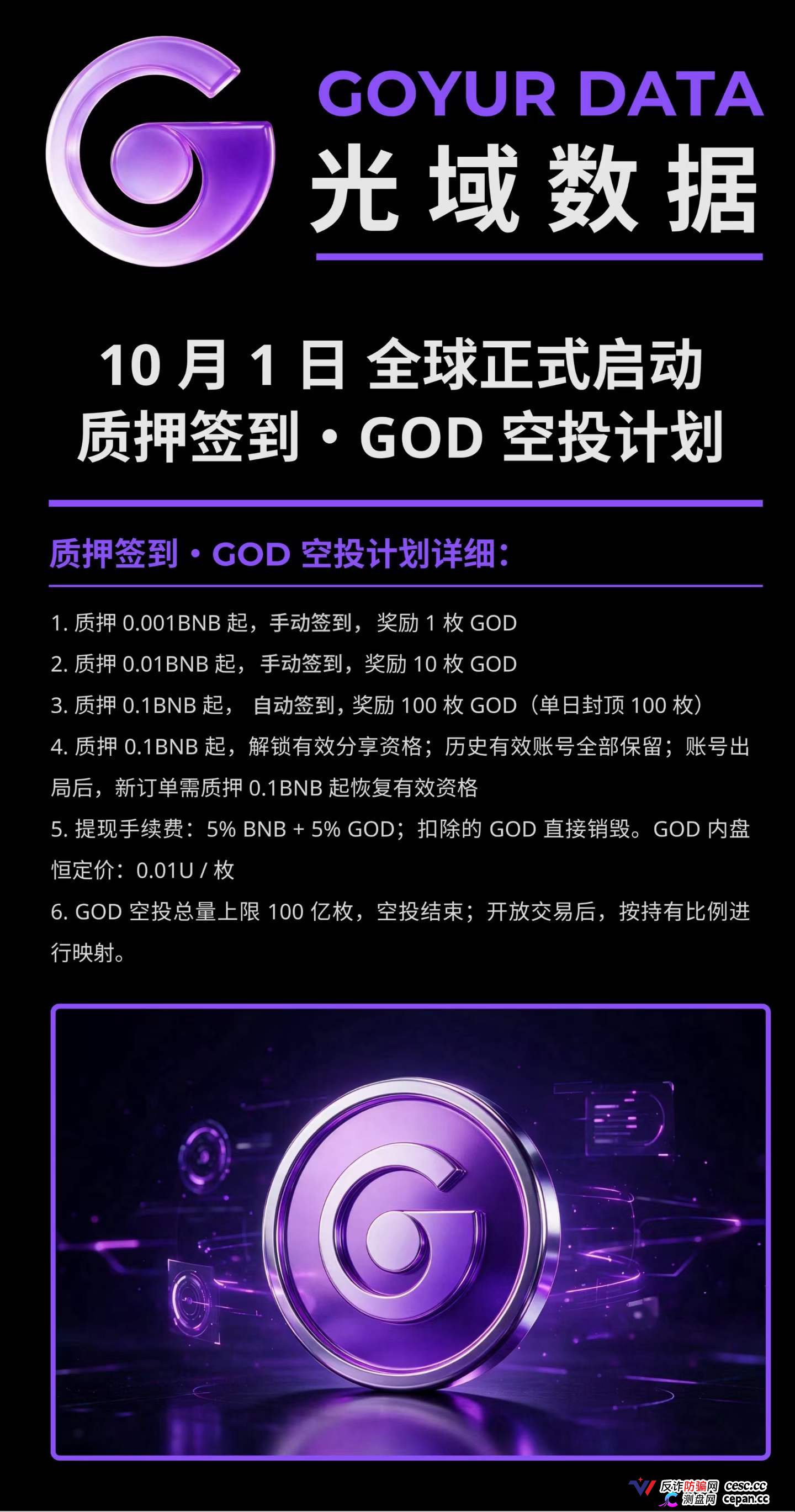 紧急预警｜“光域数据GOD”：质押0.5BNB抢节点，提现扣5%BNB+5%GOD，拿回来的是空气币
